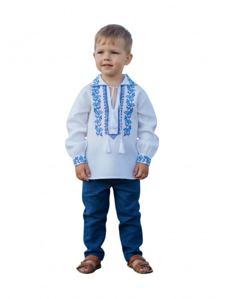 Camasa traditionala baieti alba cu model floral albastru