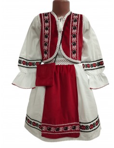 Costum traditional fetite rosu cu rochie si vesta