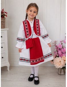 Costum traditional fetite rosu cu rochie si vesta 2