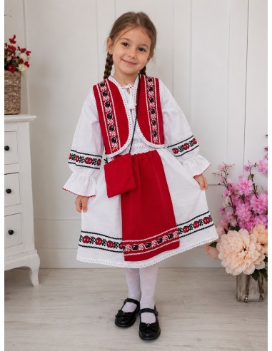 Costum traditional fetite rosu cu rochie si vesta