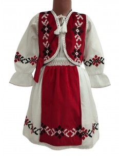 Costum traditional fetite rosu cu rochie populara