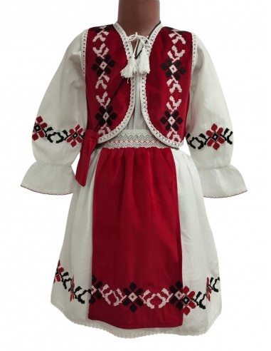 Costum traditional fetite rosu cu rochie populara