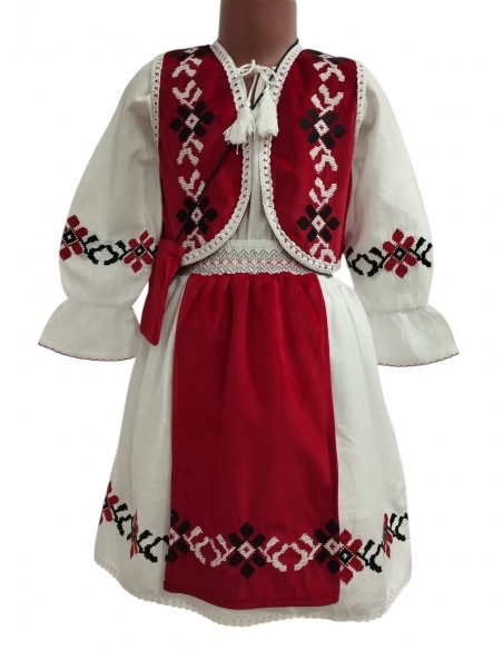 Costum traditional fetite rosu cu rochie populara