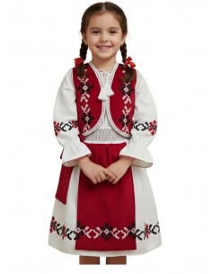 Costum traditional fetite rosu cu rochie populara 2
