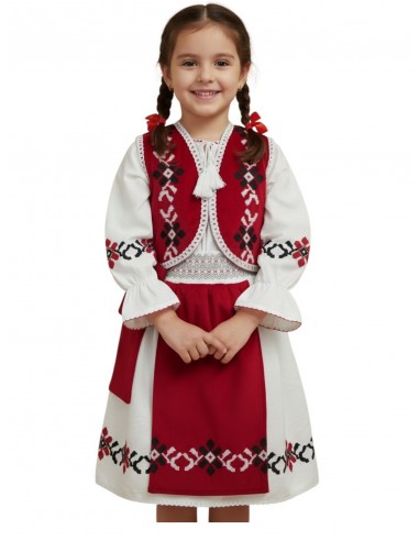 Costum traditional fetite rosu cu rochie populara
