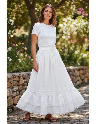 Fusta alba lunga cu volane si dantela