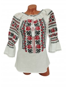 Bluza dama alba cu broderie traditionala rosie si neagra