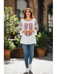 Bluza dama alba cu broderie traditionala rosie si neagra 2