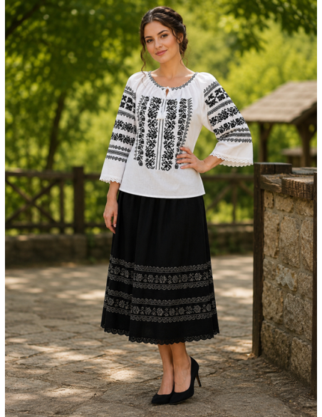 Set dama si barbat alb cu broderie neagra stil traditional elegant