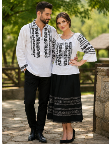 Set dama si barbat alb cu broderie neagra stil traditional elegant