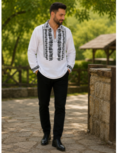 Camasa barbati alba cu broderie neagra stil traditional elegant 2
