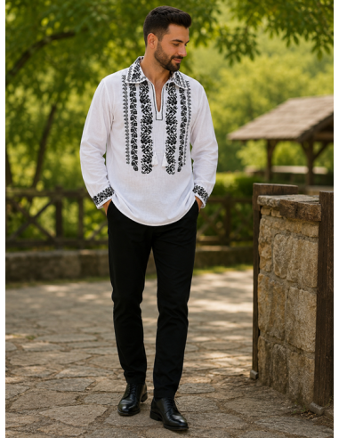Camasa barbati alba cu broderie neagra stil traditional elegant