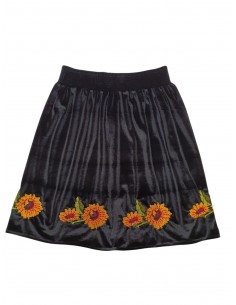 Fusta dama din catifea neagra cu broderie florala sunflower