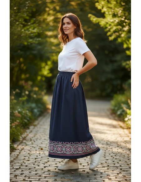 Fusta lunga dama neagra cu broderie traditionala rosie si bej