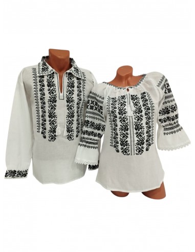 Set dama si barbat alb cu broderie neagra stil traditional elegant