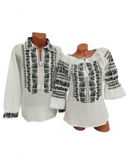 Set dama si barbat alb cu broderie neagra stil traditional elegant