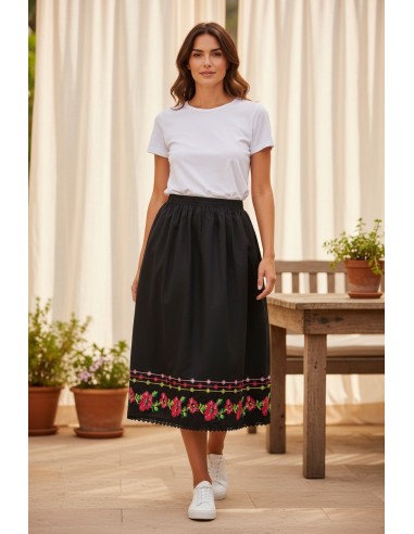 Fusta lunga dama neagra cu broderie florala cu maci