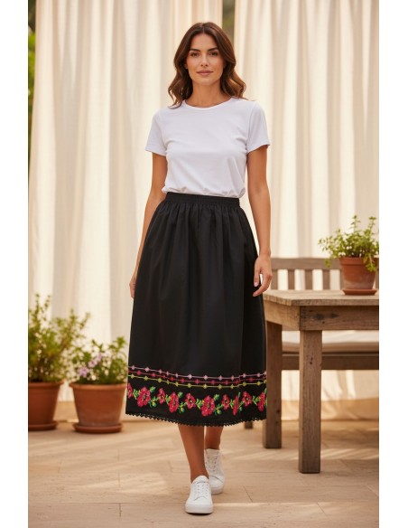Fusta lunga dama neagra cu broderie florala cu maci