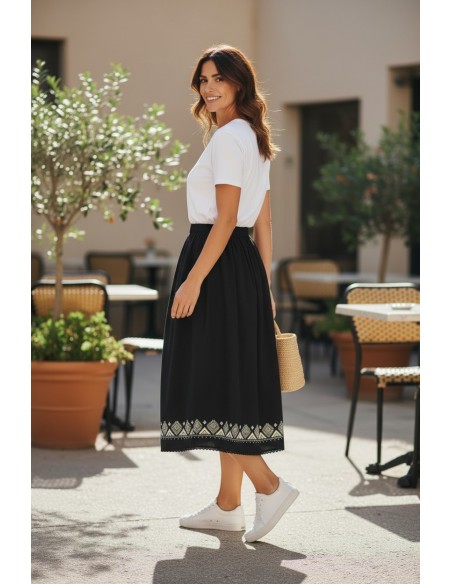 Fusta lunga dama neagra cu broderie geometrica bej