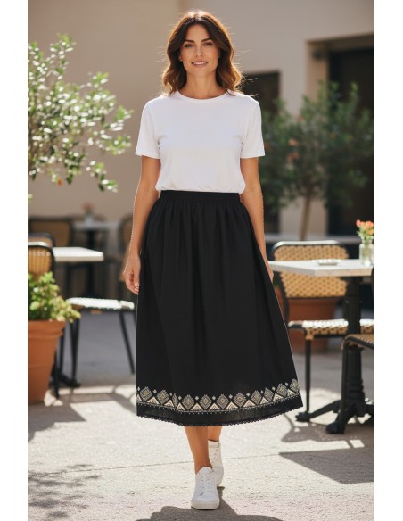 Fusta lunga dama neagra cu broderie geometrica bej