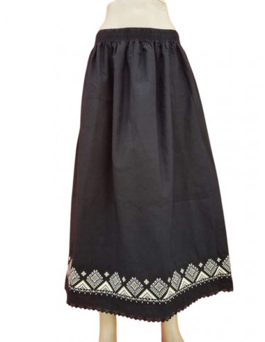 Fusta lunga dama neagra cu broderie geometrica bej
