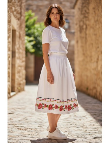Fusta dama alba cu broderie florala rosie stil traditional