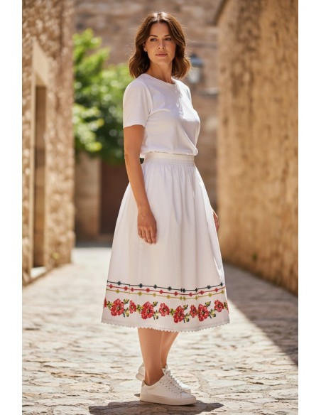 Fusta dama alba cu broderie florala rosie stil traditional