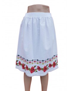 Fusta dama alba cu broderie florala rosie stil traditional