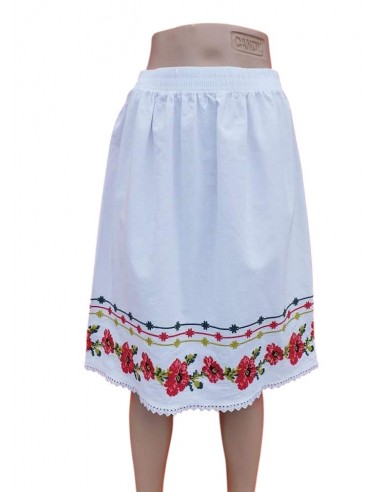 Fusta dama alba cu broderie florala rosie stil traditional