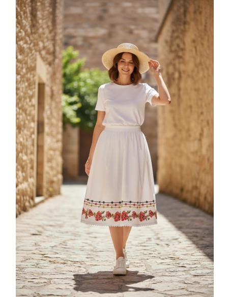 Fusta dama alba cu broderie florala rosie stil traditional