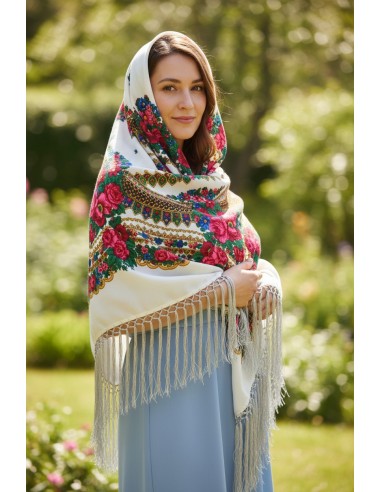 Esarfa dama alba cu imprimeu floral traditional elegant