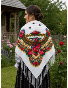 Esarfa dama alba cu imprimeu floral traditional elegant 2