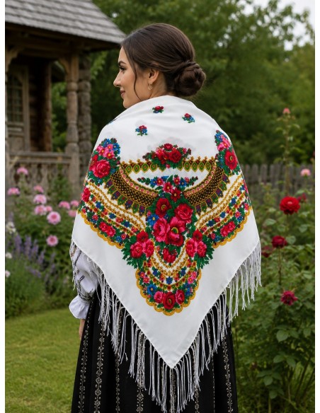Esarfa dama alba cu imprimeu floral traditional elegant