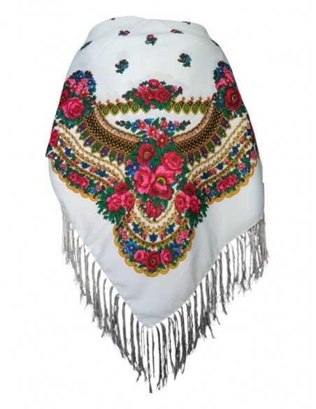 Esarfa dama alba cu imprimeu floral traditional elegant