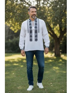 Camasa barbati alba cu broderie traditionala neagra eleganta 2