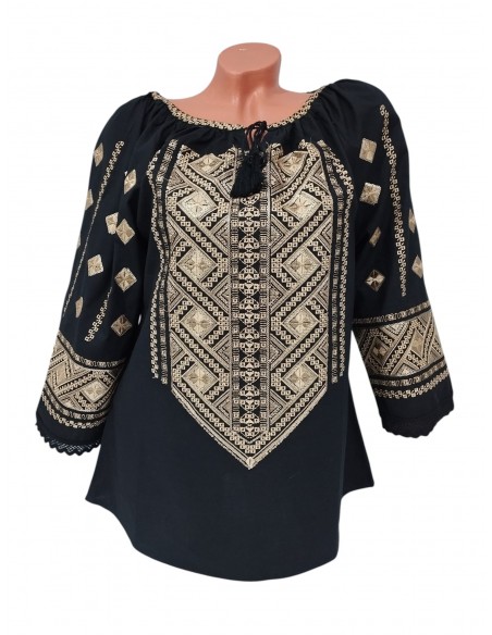 Bluza dama neagra cu broderie aurie si paiete elegante inspiratie traditionala