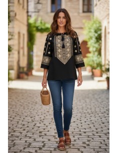 Bluza dama neagra cu broderie aurie si paiete elegante inspiratie traditionala 2