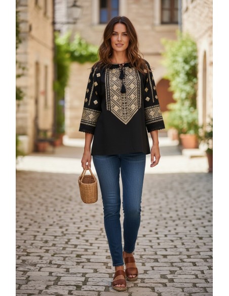 Bluza dama neagra cu broderie aurie si paiete elegante inspiratie traditionala