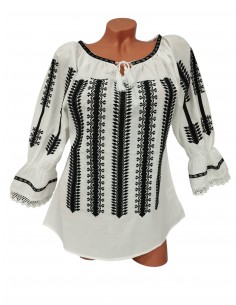 Bluza dama alba cu broderie neagra inspiratie traditionala romaneasca