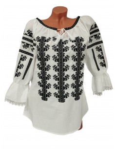 Bluza alba dama cu broderie neagra inspiratie traditionala