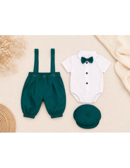 Costum elegant verde smarald pentru baieti cu bretele si papion premium