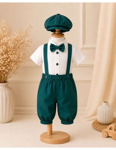 Costum elegant verde smarald pentru baieti cu bretele si papion premium