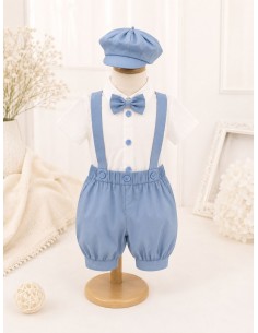 Costum elegant premium bleu pentru baieti cu bretele si papion