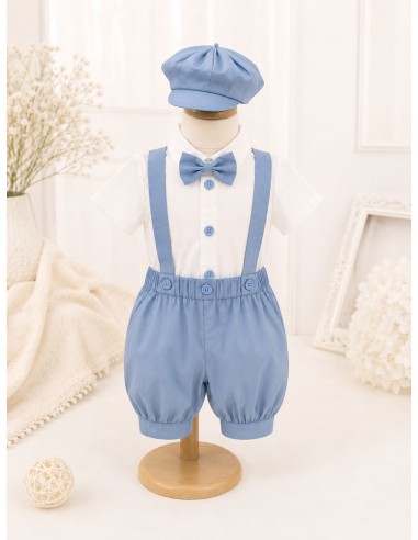 Costum elegant premium bleu pentru baieti cu bretele si papion