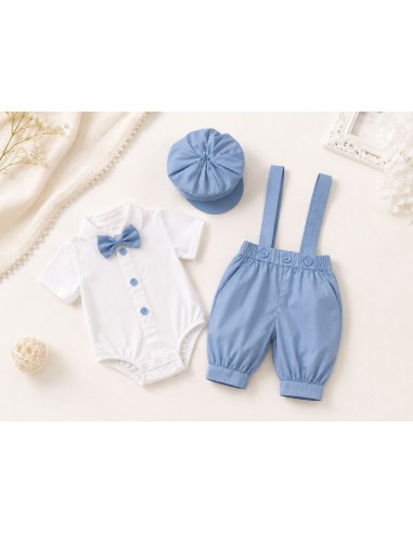 Costum elegant premium bleu pentru baieti cu bretele si papion