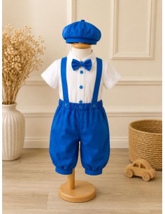 Costum elegant premium albastru regal pentru baieti cu bretele si papion