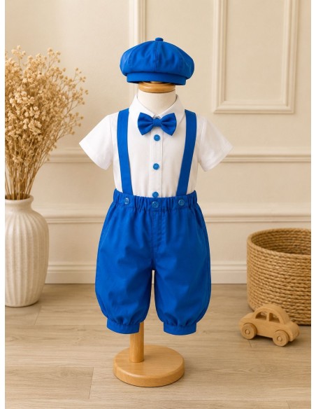 Costum elegant premium albastru regal pentru baieti cu bretele si papion