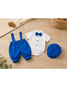 Costum elegant premium albastru regal pentru baieti cu bretele si papion 2