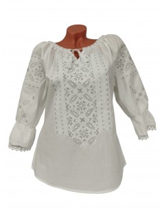 Bluza dama alba cu broderie argintie si maneca trei sferturi eleganta