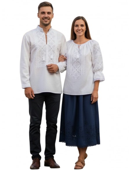 Set cuplu alb elegant cu broderie argintie pentru ea si el